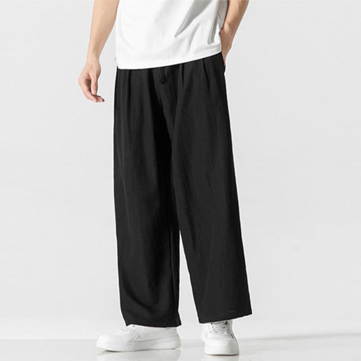 Buddha Stones Letnie Luźne Proste Spodnie Męskie Bawełniane Lniane Ściągane Sznurkiem Z Kieszeniami - image 13