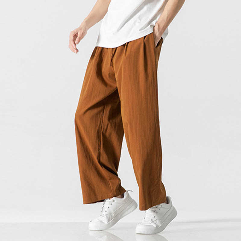Buddha Stones Letnie Luźne Proste Spodnie Męskie Bawełniane Lniane Ściągane Sznurkiem Z Kieszeniami - image 31