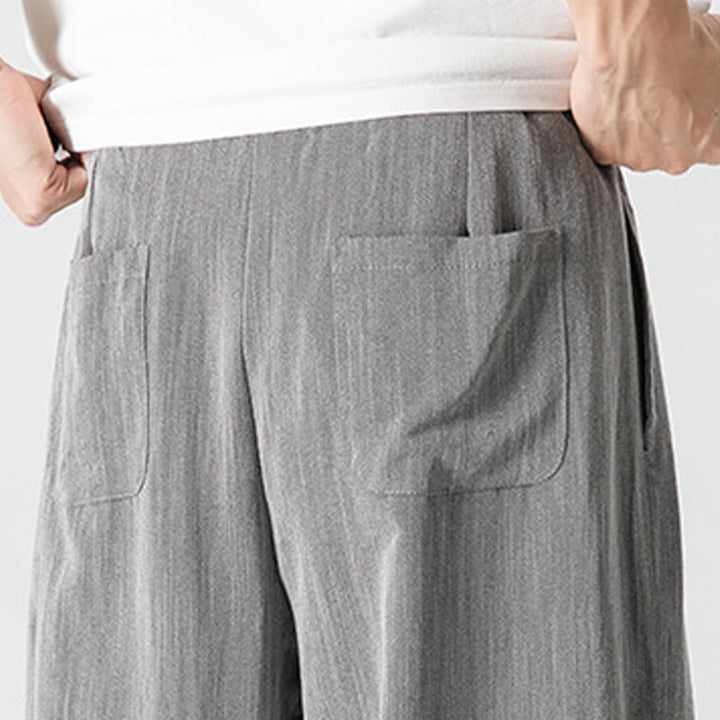 Buddha Stones Letnie Luźne Proste Spodnie Męskie Bawełniane Lniane Ściągane Sznurkiem Z Kieszeniami - image 10