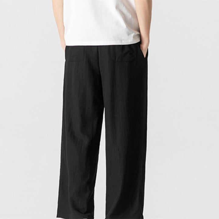 Buddha Stones Letnie Luźne Proste Spodnie Męskie Bawełniane Lniane Ściągane Sznurkiem Z Kieszeniami - image 19