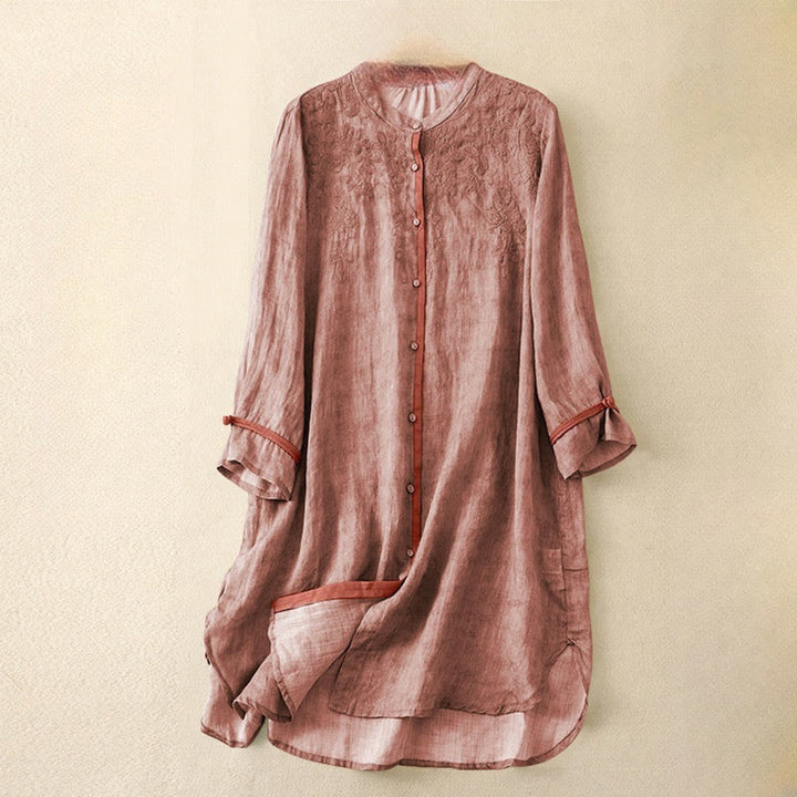 Sukienka midi z akrylu z haftowanym kołnierzykiem i trzema czwartymi rękawami w kolorze Buddha Stones - LightCoral - US8-10,UK/AU12-14,EU40-42 (2XL) - image 6