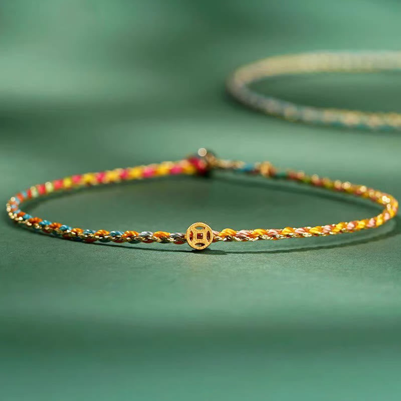 Buddha Stones Kolorowa Lina Szczęścia Moneta Koralik Obfitość Bardzo Cienka Bransoletka Pleciona