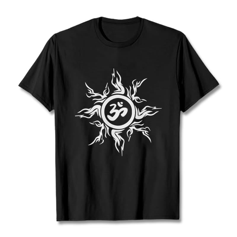 Wzór słonecznych Buddha Stones otaczający symbol Om Wzór bawełniany T-shirt - Czarny - 2XL - image 5