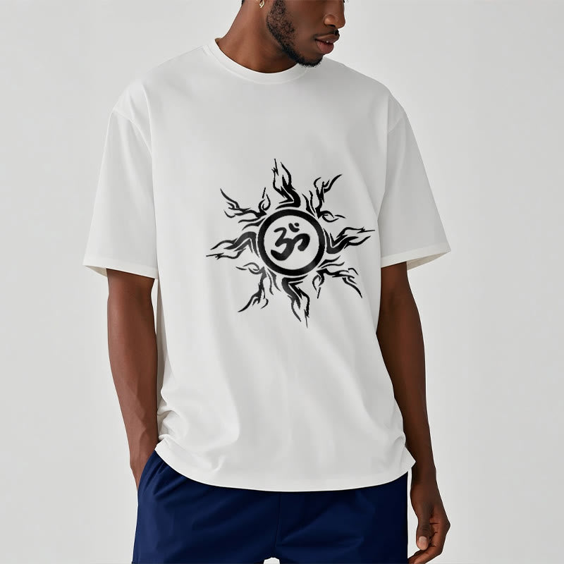 Wzór słonecznych Buddha Stones otaczający symbol Om Wzór bawełniany T-shirt - image 3