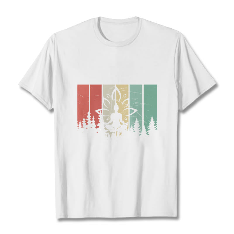 Buddha Stones Statua Buddy Medytująca W Pozycji Lotosu Wzór Cienia Bawełniana Koszulka T-shirt - Biały - 2XL - image 6