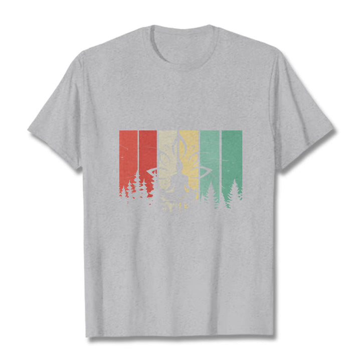 Buddha Stones Statua Buddy Medytująca W Pozycji Lotosu Wzór Cienia Bawełniana Koszulka T-shirt - Jasnoszary - 2XL - image 20