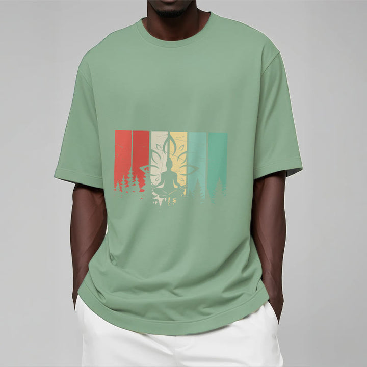 Buddha Stones Statua Buddy Medytująca W Pozycji Lotosu Wzór Cienia Bawełniana Koszulka T-shirt - image 16