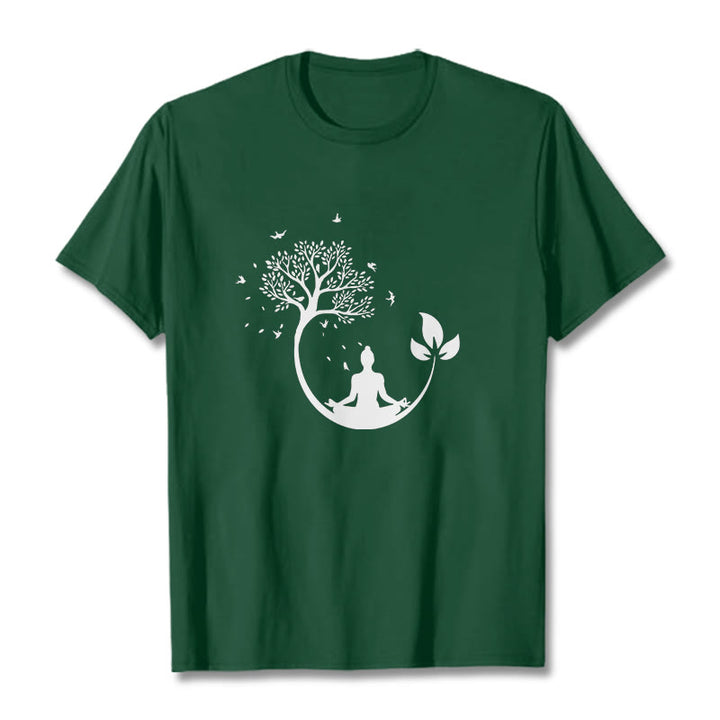 Buddha Stones Budda Medytujący W Drzewie Wzór Bawełniana Koszulka T-shirt - ForestGreen - 2XL - image 11