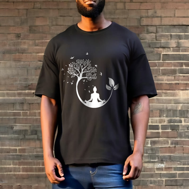 Buddha Stones Budda Medytujący W Drzewie Wzór Bawełniana Koszulka T-shirt - image 7