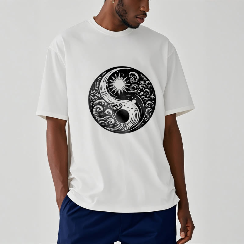 Buddha Stones Słońce Księżyc Fale Yin Yang Wzór Bawełna Koszulka T-shirt - image 3