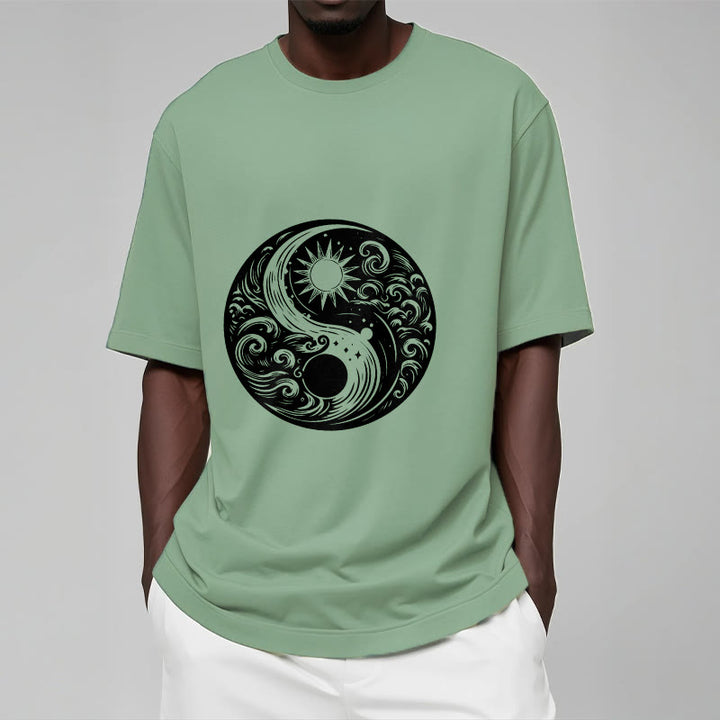 Buddha Stones Słońce Księżyc Fale Yin Yang Wzór Bawełna Koszulka T-shirt - image 16