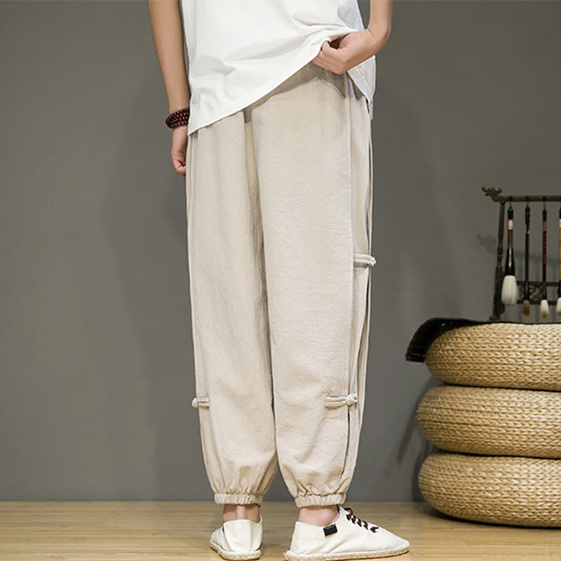Buddha Stones Letnie Vintage Ściągacz Chiński Żaba-Guzik Projekt Męskie Spodnie Harem Bawełniane Lniane Z Kieszeniami - image 2