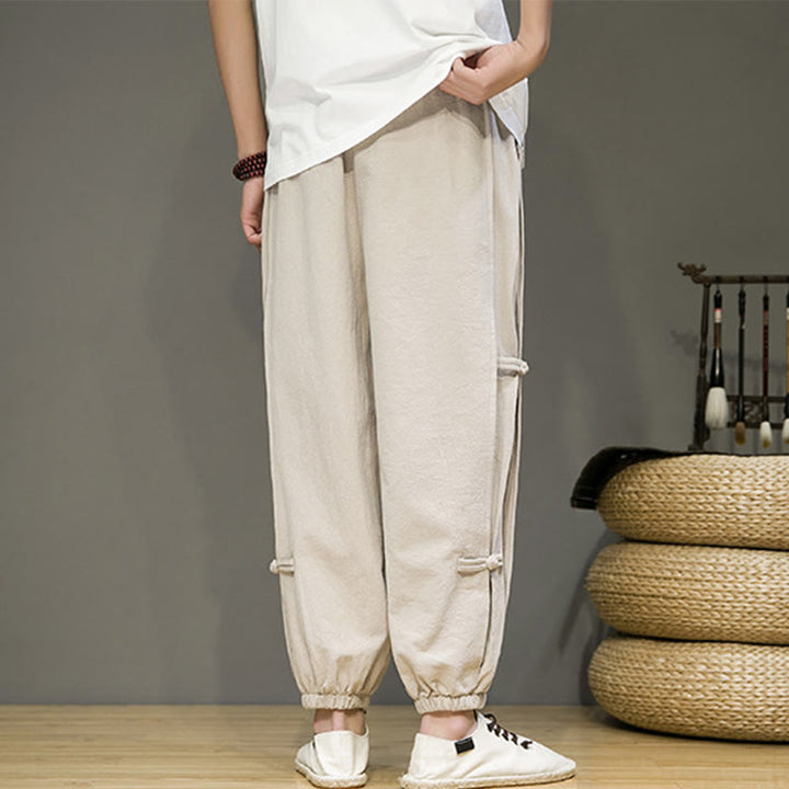 Buddha Stones Letnie Vintage Ściągacz Chiński Żaba-Guzik Projekt Męskie Spodnie Harem Bawełniane Lniane Z Kieszeniami - image 2