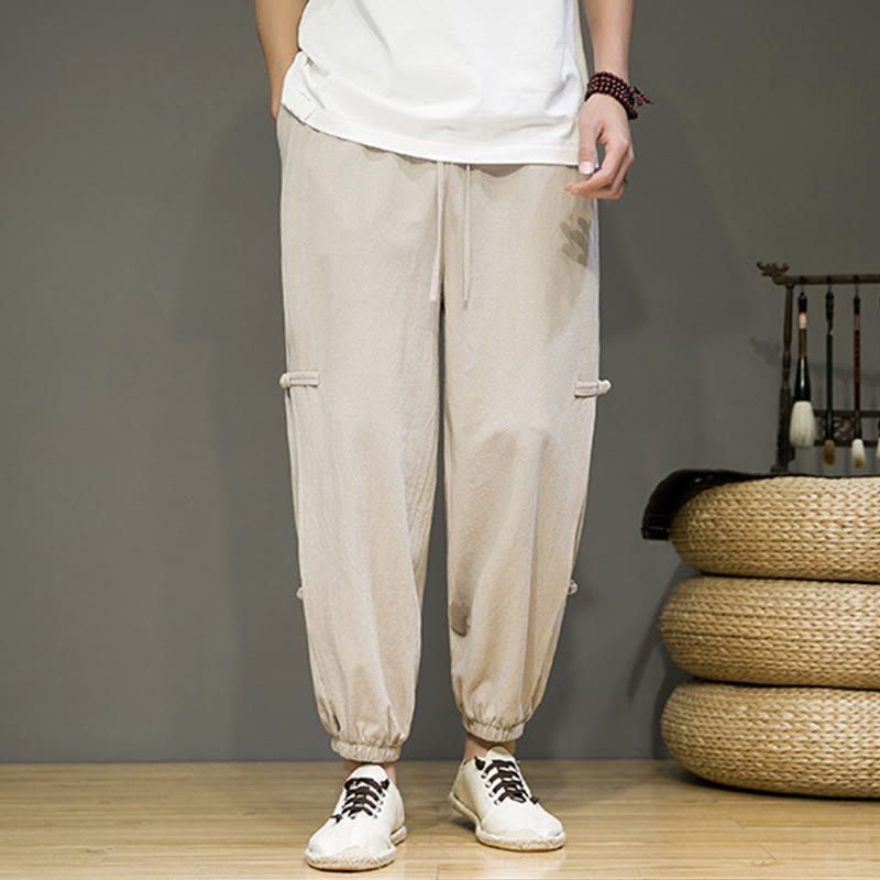 Buddha Stones Letnie Vintage Ściągacz Chiński Żaba-Guzik Projekt Męskie Spodnie Harem Bawełniane Lniane Z Kieszeniami - image 5