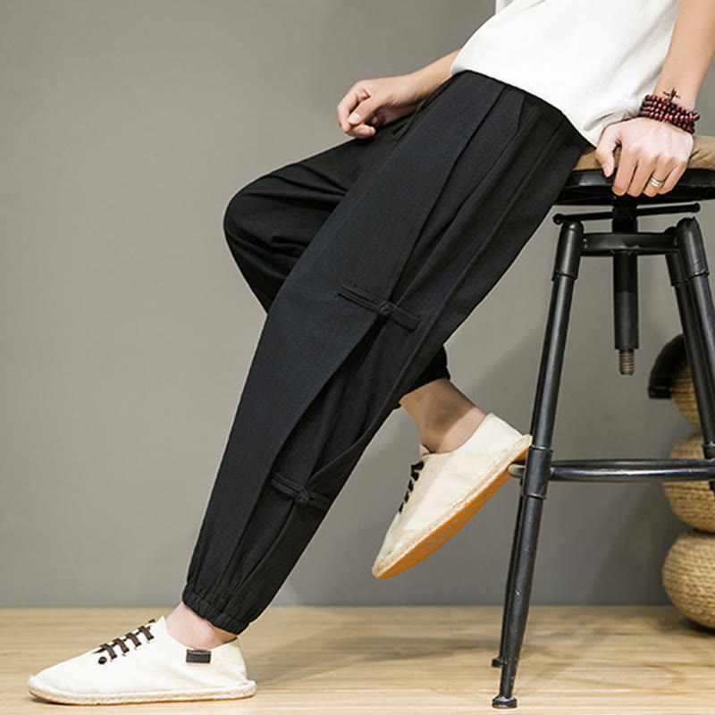 Buddha Stones Letnie Vintage Ściągacz Chiński Żaba-Guzik Projekt Męskie Spodnie Harem Bawełniane Lniane Z Kieszeniami - image 9