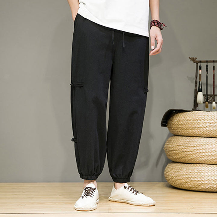 Buddha Stones Letnie Vintage Ściągacz Chiński Żaba-Guzik Projekt Męskie Spodnie Harem Bawełniane Lniane Z Kieszeniami - image 11