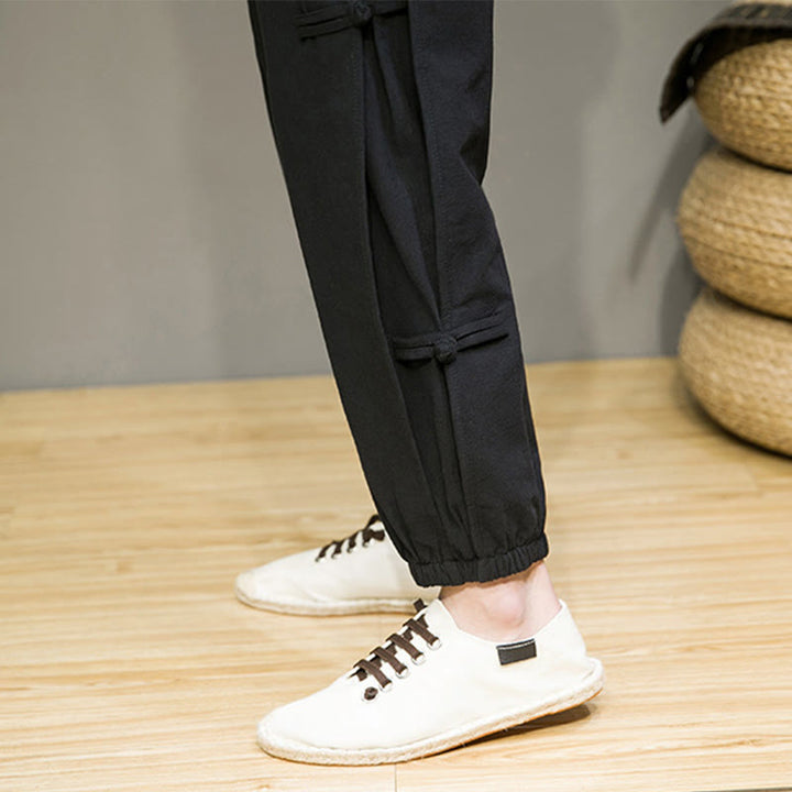 Buddha Stones Letnie Vintage Ściągacz Chiński Żaba-Guzik Projekt Męskie Spodnie Harem Bawełniane Lniane Z Kieszeniami - image 18