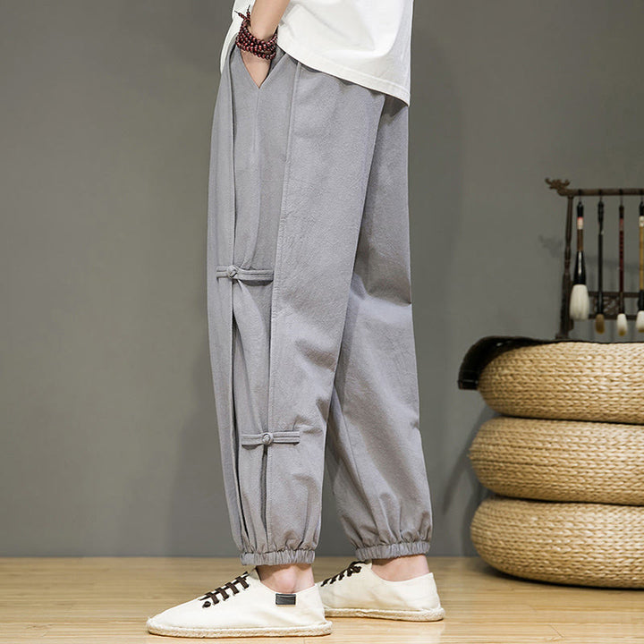 Buddha Stones Letnie Vintage Ściągacz Chiński Żaba-Guzik Projekt Męskie Spodnie Harem Bawełniane Lniane Z Kieszeniami - image 25