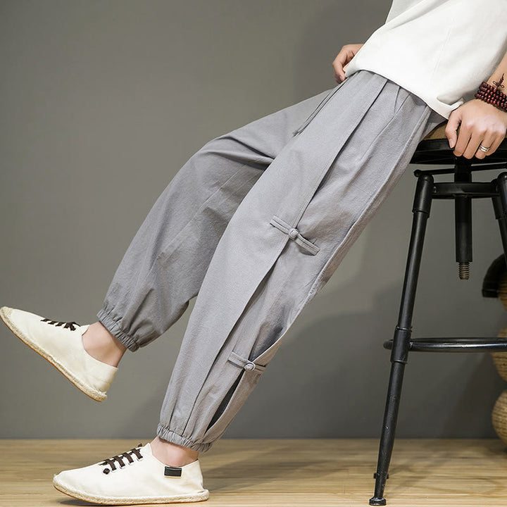 Buddha Stones Letnie Vintage Ściągacz Chiński Żaba-Guzik Projekt Męskie Spodnie Harem Bawełniane Lniane Z Kieszeniami - Srebrny - US/UK/AU46, EU56 (5XL) - image 19