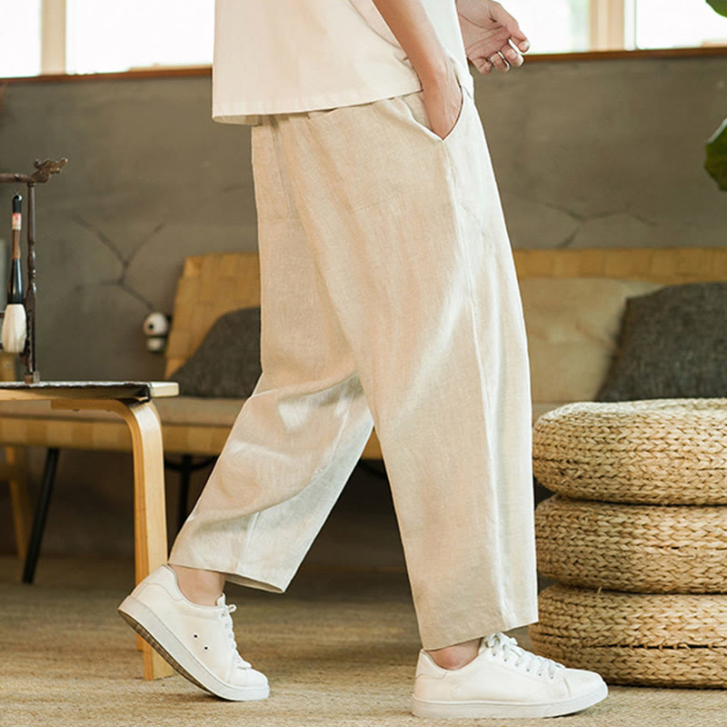 Buddha Stones Casual Retro Jednolity Kolor Prosty Design Ściągacz Męskie Lniane Elastyczne Spodnie Harem Z Kieszeniami - image 5