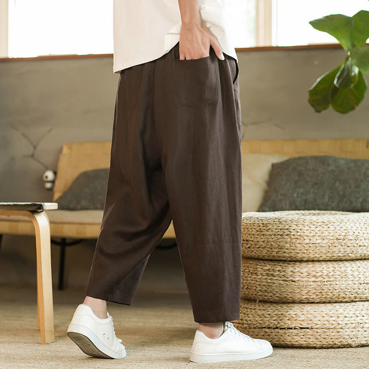 Buddha Stones Casual Retro Jednolity Kolor Prosty Design Ściągacz Męskie Lniane Elastyczne Spodnie Harem Z Kieszeniami - SaddleBrown - US/UK/AU46, EU56 (5XL) - image 21