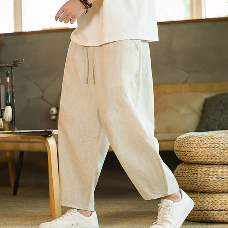 Buddha Stones Casual Retro Jednolity Kolor Prosty Design Ściągacz Męskie Lniane Elastyczne Spodnie Harem Z Kieszeniami - Beżowy - US/UK/AU46, EU56 (5XL) - image 0