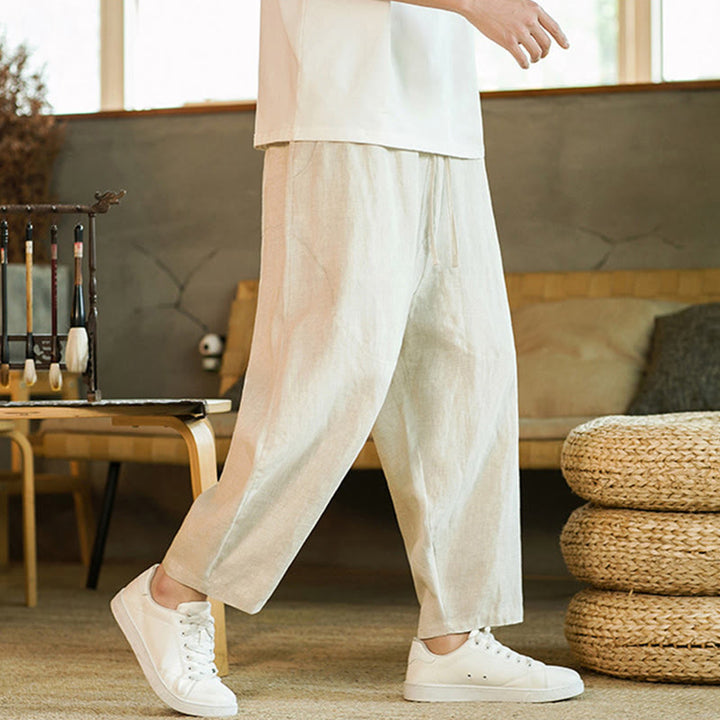 Buddha Stones Casual Retro Jednolity Kolor Prosty Design Ściągacz Męskie Lniane Elastyczne Spodnie Harem Z Kieszeniami - image 4