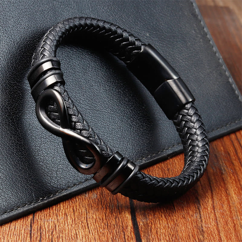 Bransoletka Buddha Stones Endless Knot Design ze stali tytanowej ze wzmocnieniem plecionej skóry z klamrą