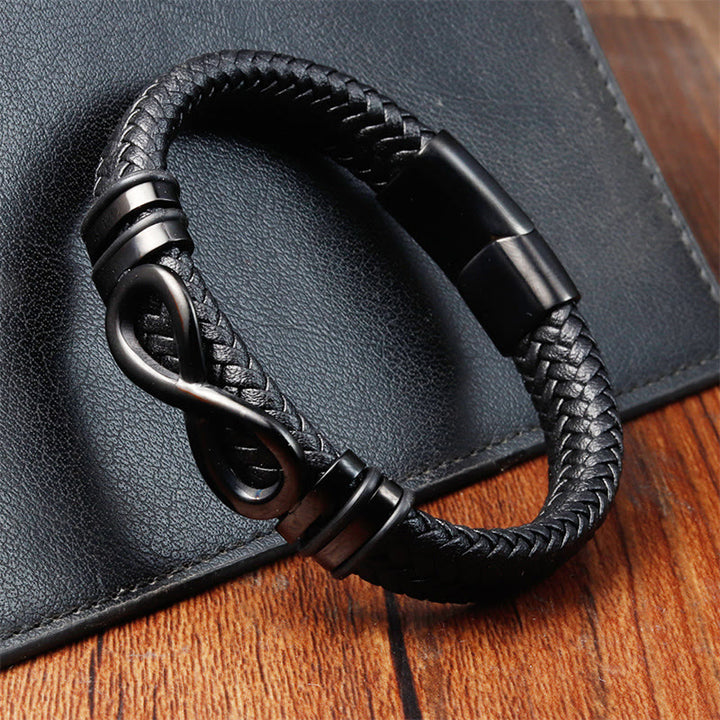 Bransoletka Buddha Stones Endless Knot Design ze stali tytanowej ze wzmocnieniem plecionej skóry z klamrą