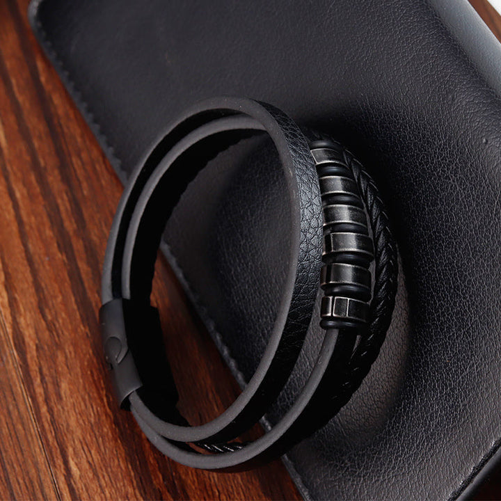 Bransoletka Buddha Stones Prosta Tytanowa Stalowa Pleciona Trójwarstwowa Skórzana Klamra Spokojna