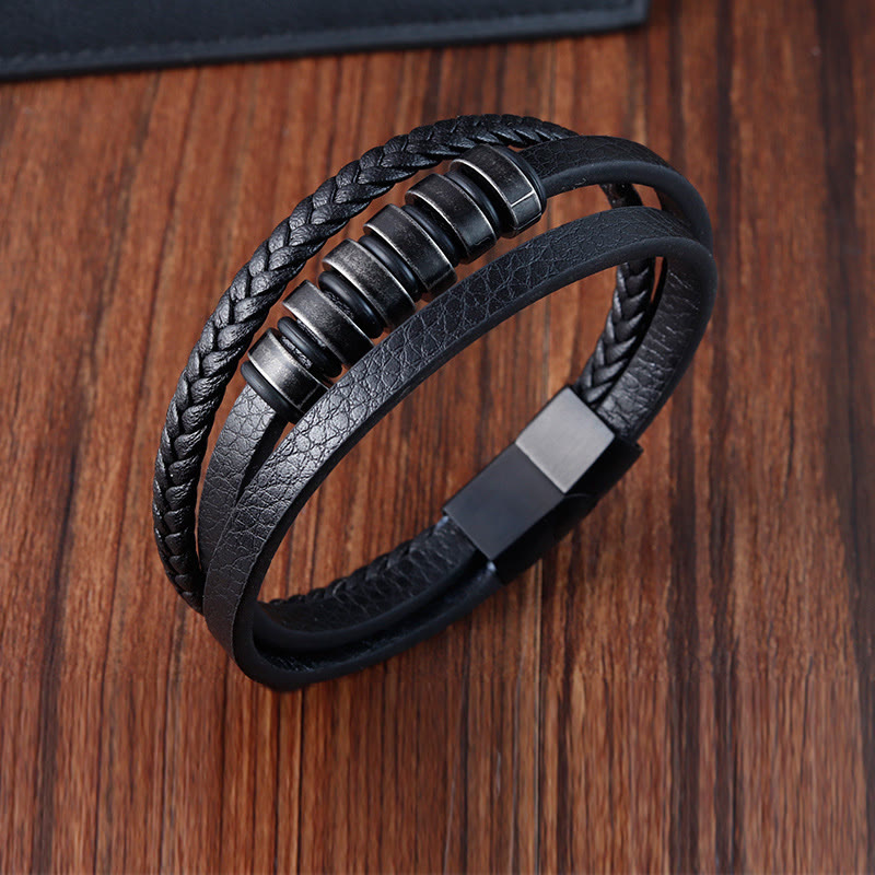 Bransoletka Buddha Stones Prosta Tytanowa Stalowa Pleciona Trójwarstwowa Skórzana Klamra Spokojna