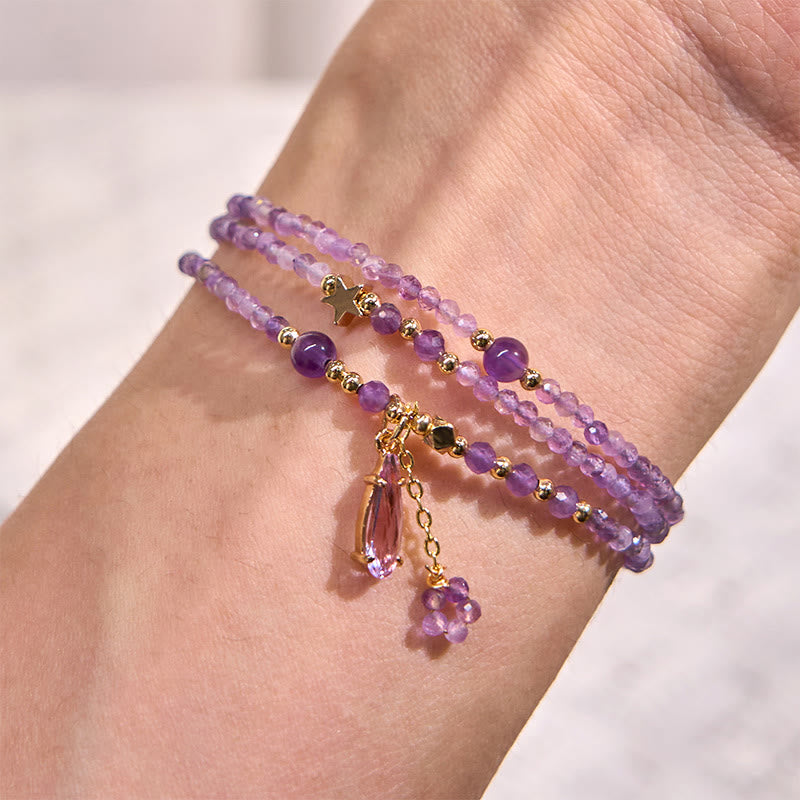 Bransoletka Buddha Stones Natural Amethyst Water Drop Star Meditation Triple Wrap