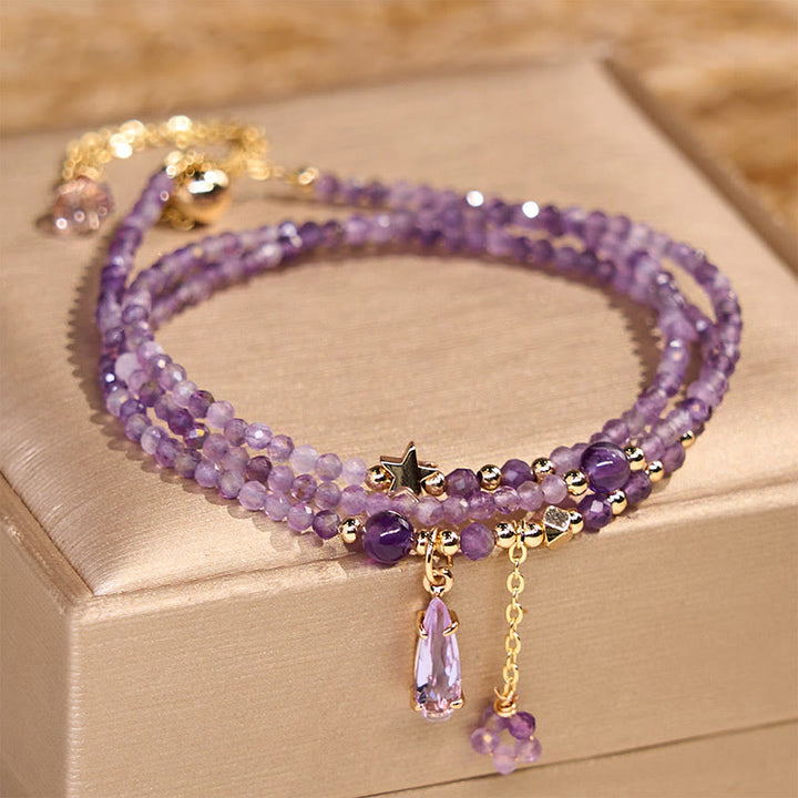 Bransoletka Buddha Stones Natural Amethyst Water Drop Star Meditation Triple Wrap