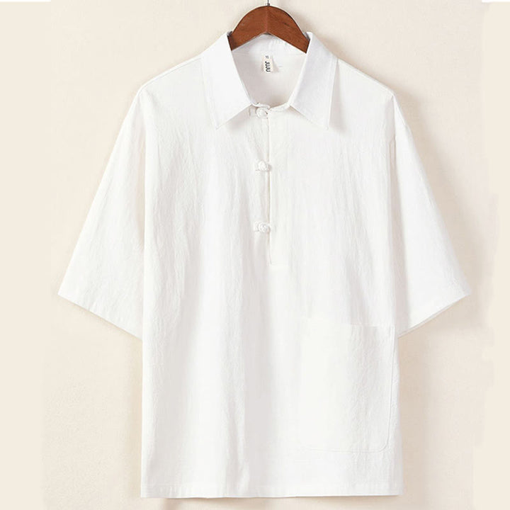 Buddha Stones Casual 2 sztuki Czystego Koloru Pół Guzika Projekt Koszula Spodnie Ściągane Męski Zestaw Tkanin Do Medytacji Z Kieszeniami