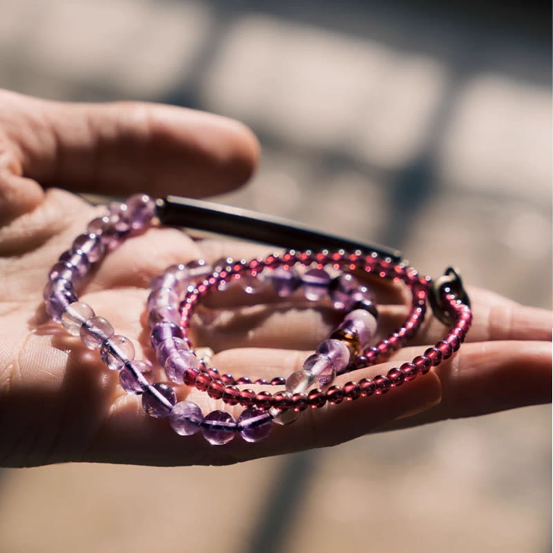 Bransoletka Buddha Stones Retro 6mm Ametyst 4mm Granat Wielowarstwowa Równowaga