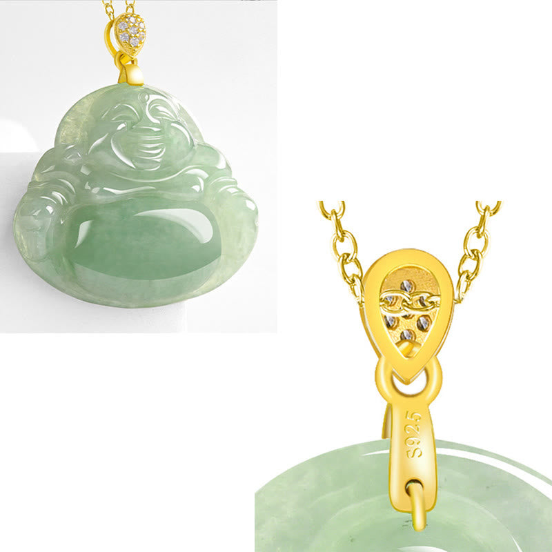 Buddha Stones 925 Srebro Sterling Naturalny Jadeit Śmiejący się Budda Szczęście Dobrobyt Łańcuch Naszyjnik Wisiorek - image 10