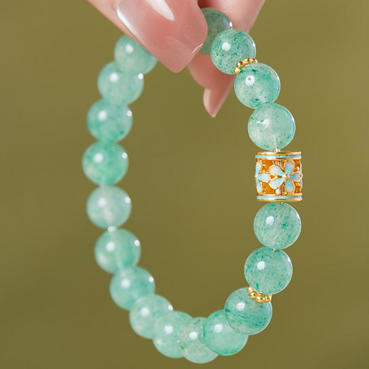 Bransoletka Buddha Stones 925 ze srebra próby 925 z zielonym kwarcem truskawkowym i kwiatem spokoju