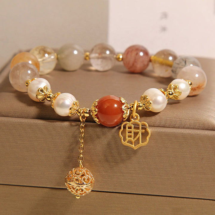 Bransoletka Buddha Stones Natural Rutilated Quartz Pearl Attract Fortune Wealth