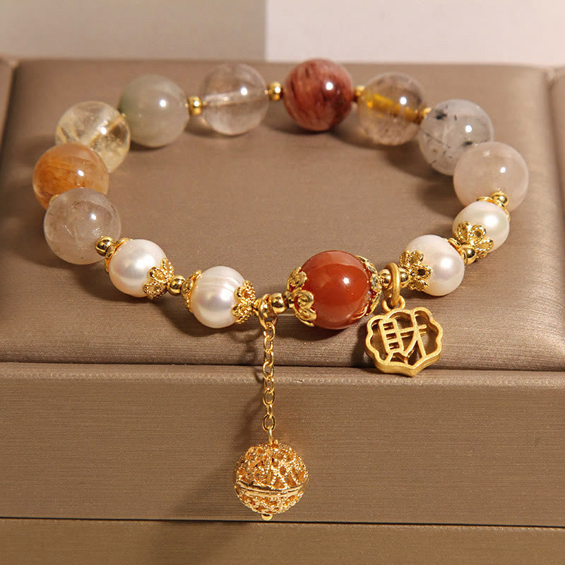 Bransoletka Buddha Stones Natural Rutilated Quartz Pearl Attract Fortune Wealth