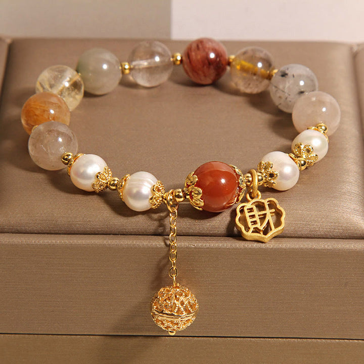 Bransoletka Buddha Stones Natural Rutilated Quartz Pearl Attract Fortune Wealth