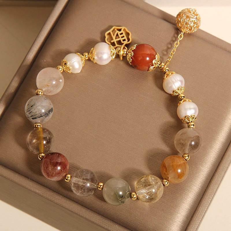 Bransoletka Buddha Stones Natural Rutilated Quartz Pearl Attract Fortune Wealth