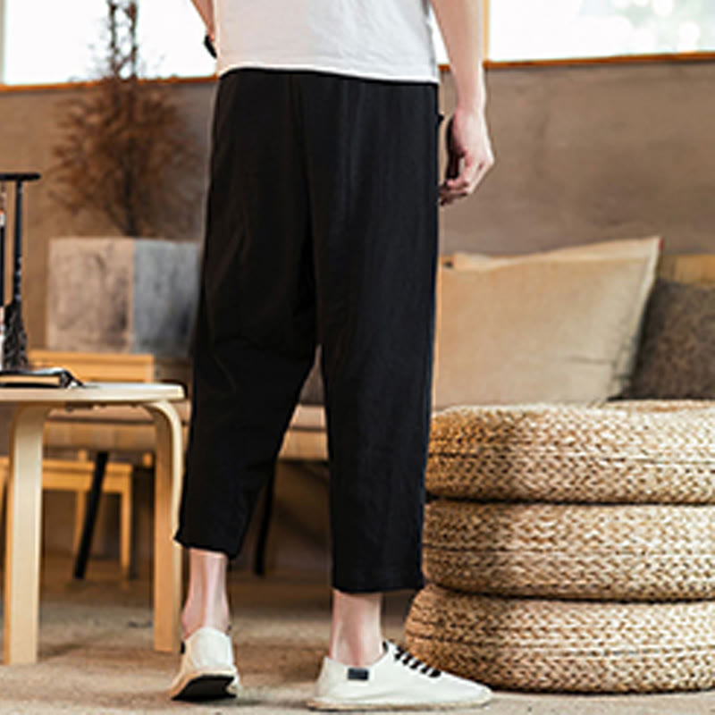Buddha Stones Casual Jednokolorowe Spodnie Męskie Z Elastyczną Talią Z Przodu Bawełniane Lniane Z Kieszeniami - image 29