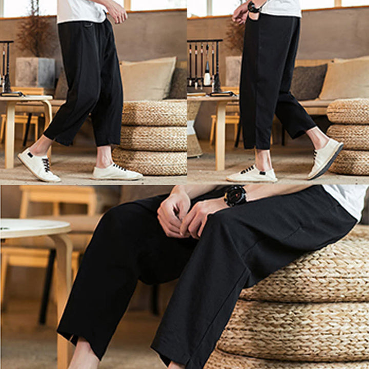 Buddha Stones Casual Jednokolorowe Spodnie Męskie Z Elastyczną Talią Z Przodu Bawełniane Lniane Z Kieszeniami - image 32