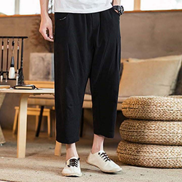 Buddha Stones Casual Jednokolorowe Spodnie Męskie Z Elastyczną Talią Z Przodu Bawełniane Lniane Z Kieszeniami - Czarny - US/UK/AU46, EU56 (5XL) - image 26