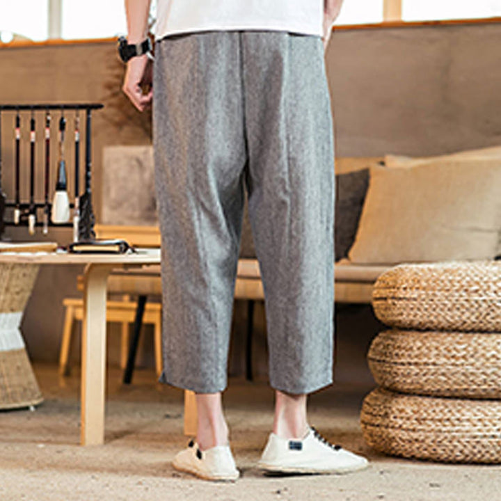 Buddha Stones Casual Jednokolorowe Spodnie Męskie Z Elastyczną Talią Z Przodu Bawełniane Lniane Z Kieszeniami - image 21