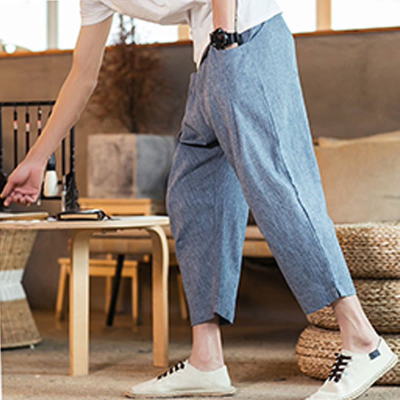 Buddha Stones Casual Jednokolorowe Spodnie Męskie Z Elastyczną Talią Z Przodu Bawełniane Lniane Z Kieszeniami - image 37