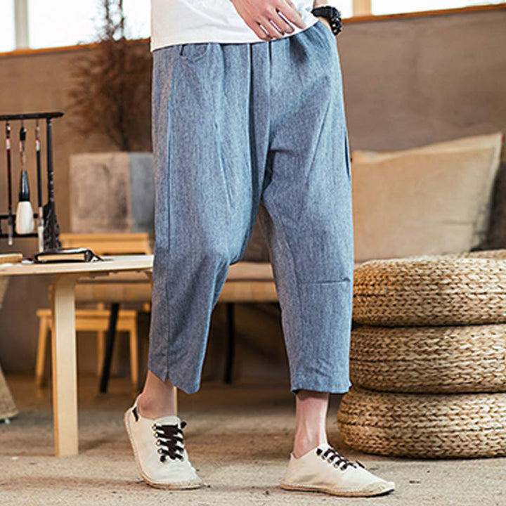 Buddha Stones Casual Jednokolorowe Spodnie Męskie Z Elastyczną Talią Z Przodu Bawełniane Lniane Z Kieszeniami - Stalowoniebieski - US/UK/AU46, EU56 (5XL) - image 33