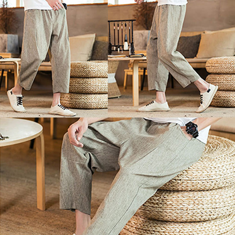 Buddha Stones Casual Jednokolorowe Spodnie Męskie Z Elastyczną Talią Z Przodu Bawełniane Lniane Z Kieszeniami - image 18