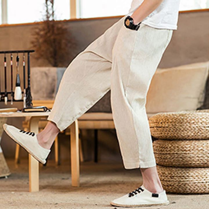 Buddha Stones Casual Jednokolorowe Spodnie Męskie Z Elastyczną Talią Z Przodu Bawełniane Lniane Z Kieszeniami - image 45