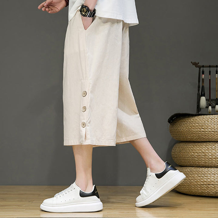 Spodnie męskie z bawełny z kieszeniami i ściągaczem Buddha Stones Casual Plain Side Button Design Drawstring